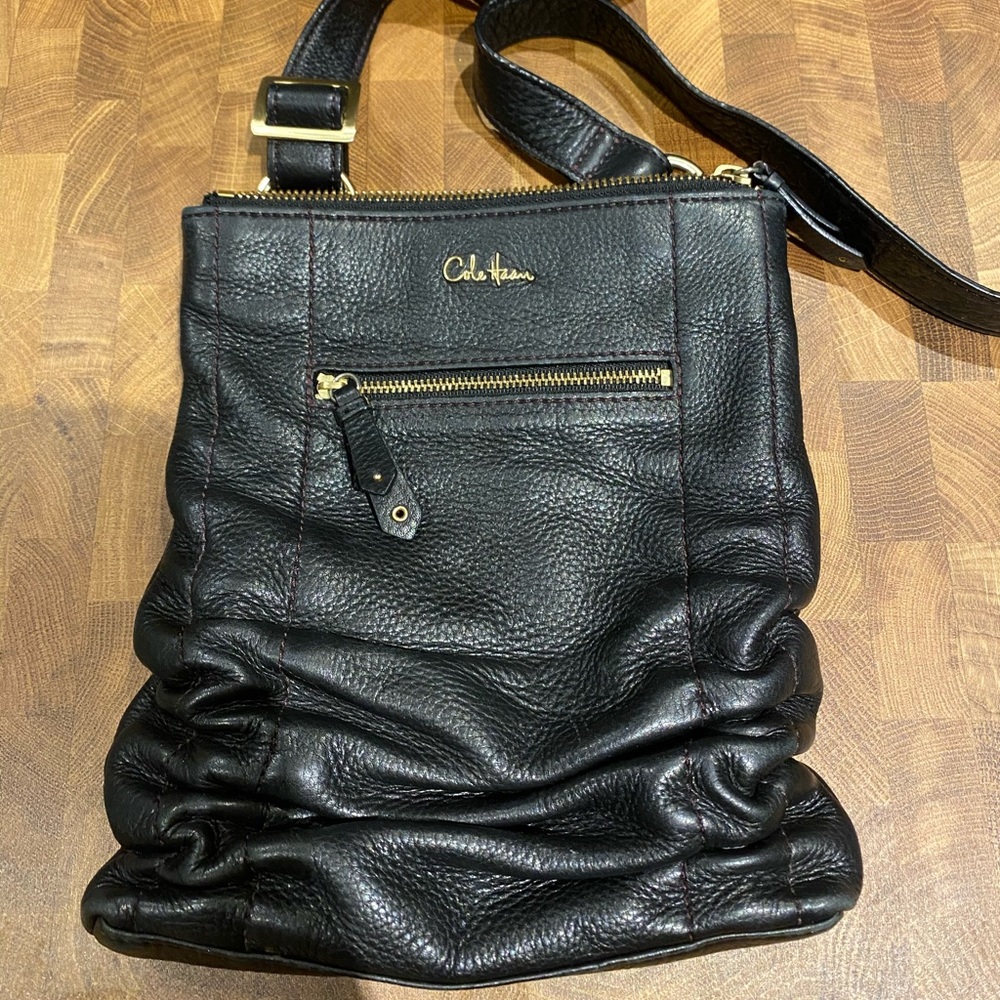 Cole Haan Black Pebbled Leather Ruched Crossbody